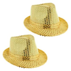 Carnaval verkleed Trilby hoedje met glitter pailletten - 2x - goud - polyester - heren/dames