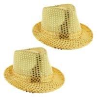 Carnaval verkleed Trilby hoedje met glitter pailletten - 2x - goud - polyester - heren/dames - thumbnail