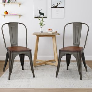 4-Delige Tolix Eetkamerstoelenset Bistrostoel Stapelbare Metalen Stoelen Zitting in Iepenhout Dikte 2cm 52 x 42 x 84 cm Bruin + Grijs