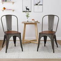 4-Delige Tolix Eetkamerstoelenset Bistrostoel Stapelbare Metalen Stoelen Zitting in Iepenhout Dikte 2cm 52 x 42 x 84 cm Bruin + Grijs