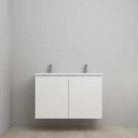 On-Line Onderkast - 100 cm - Voorgemonteerd - Greeploos 2 Deuren - Acryl Wastafel - 2 Kraangaten - Hoogglans Wit