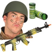 Carnaval verkleed set Leger soldaten helm - camouflage schmink stift - machinegeweer - thumbnail