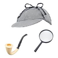 Carnaval verkleed set - detective - vergrootglas/pijp/pet - Sherlock Holmes - feestkleding