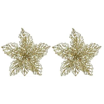 Bellatio Decorations Kersthangers - 5x - 23 cm - glitter bloem - goud