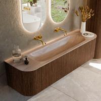 Badmeubel Mondiaz Kurve-Dlux | 170 cm | Meubelkleur Walnut | Wastafelkleur Saba | Solid surface | Wasbak midden spoelbak | Zonder kraangat(en)