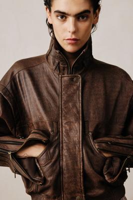 Leren jas met ritsen studio - BROWN - L