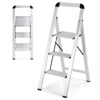 3 Treden Trapladder Staande Ladder Aluminium Vouwladder tot 150 kg Inklapbaar Antislip Ladder voor Thuis Kantoor Garage Zilver