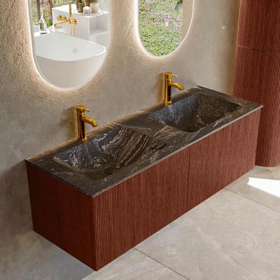 Badmeubel Mondiaz Kurve-Dlux | 130 cm cm | Meubelkleur Ruby | Wastafelkleur Lava | Solid surface | Wasbak beiden zijden spoelbak | 2 kraangaten