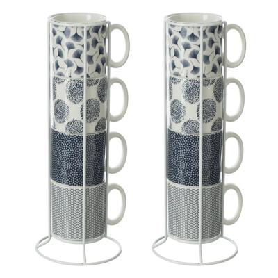 Koffiemokken Japan - 8x stuks in metalen rekje - Keramiek - glans afwerking - 240 ml - 7 x 8 cm