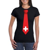 Zwart t-shirt met Zwitserland vlag stropdas dames - thumbnail