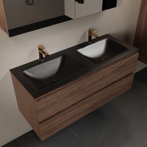 MONDIAZ AIVY 120cm badmeubel Mocha, wastafel Urban solid surface dubbel 2 kraangaten met spiegelkast (AI-351651URBAN-SI - AI-M120MODU - AI-C120MOMI)