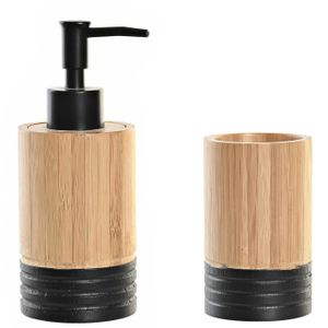 Badkamer accessoires setje drinkbeker en zeeppompje 17 cm bamboe/zwart