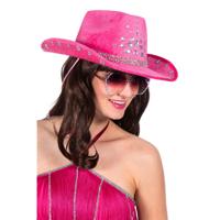 Cowboy hoed met strasssteentjes neon-pink
