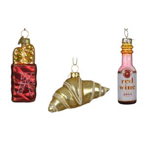 Kersthangers Frans thema - 3x stuks - glas - stokbrood, croissant, rode wijn - ornamenten