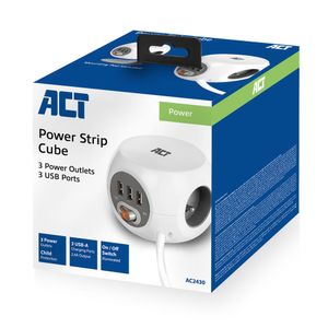 ACT Connectivity Stekkerdoos cube met 3 stopcontacten, USB-A-poorten, 1,5m (België) stekkerdoos