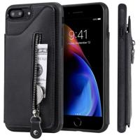 iPhone 7 Plus & 8 Plus schokbestendig TPU + PU leren back cover Hoesje met rits en opbergruimte voor pinpassen & geld (zwart)