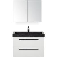 Seville Badmeubelset 80 cm - Wit Hoogglans - Wastafel Hardsteen Wit Lucca met Spiegelkast