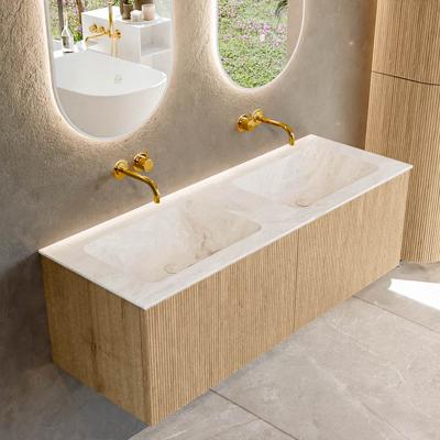 Mondiaz KURVE-DLUX 130 cm Onderkast Greeploos 2 Lades Zonder Deuren Oak, Wastafel Solid Surface Dubbel Frappe 0 Kraangaten Zonder Spiegel (KRVLEA1302L0D0KD-Oak/Fra)