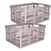 Opvouwbare krat - 2x - beige - 48 x 35 x 24 cm - boodschappen - 32 liter - kunststof