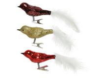 Vogel glas l3b8h3.5cm rd/gd ass 3st - Decoris
