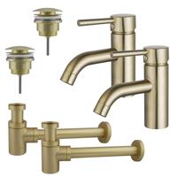 Fortifura Calvi Wastafelkraanset - voor dubbele wastafel - lage wastafelkraan - klikwaste plug - verlaagde design sifon - Geborsteld Messing PVD (Goud) 2x SW720547/2x SW696202/2x SW696218