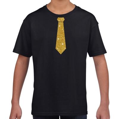 Verkleedkleding t-shirt - zwart - met kleine Stropdas - goud glitters - kinderen - carnaval