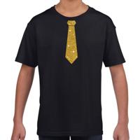 Verkleedkleding t-shirt - zwart - met kleine Stropdas - goud glitters - kinderen - carnaval
