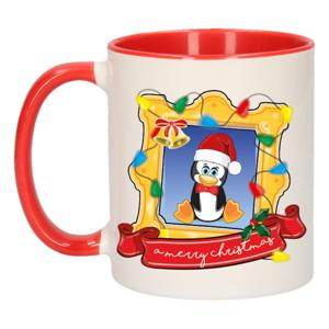 Kerst cadeau koffiemok - kerst pinguin - rood - 300 ml - keramiek