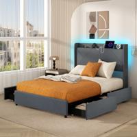 Tweepersoonsbedframe Inclusief LED-Verlichting Gestoffeerd Platformbed met Oplaadstation 2 Opbergtassen en 4 Lades Grijs (200 x 140 cm)
