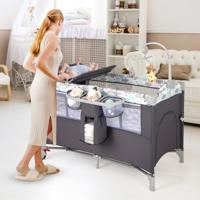 5 In 1 Babybed met Matras en Afneembare Luiertafel Kinderbed met Muziekdoosje en Hangend Speelgoed in Hoogte Verstelbaar Bruin/Grijs/Beige