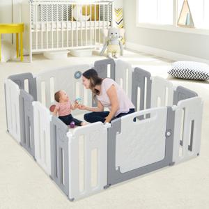 Opvouwbare Box Babybox met Deur en Speelpaneel en Veiligheidsslot voor Kinderen van 6-36 Maanden Beige (12+2 Panelen)