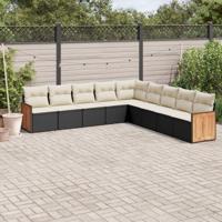 9-delige Loungeset met kussens poly rattan zwart