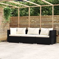 Driezitsbank met creme kussens poly rattan zwart