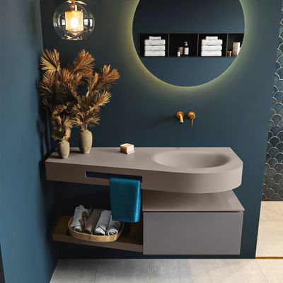 MONDIAZ RIVA 120cm badmeubel onderkast / planchet kleur Dark_Grey met 1 lade. Wastafel DULCET rechts 0 kraangaten kleur Smoke.