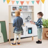 Houten Kinderkeuken Speelkeuken met Magnetron Afzuigkap Kookplaat Speelgootsteen Oven Ijsblokjesmachine en 18 Accessoires