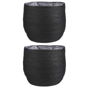 2x stuks naturel zwart rotan planten pot mand van gedraaid jute/riet H24 en D26 cm - Plantenpotten