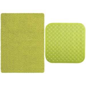 MSV Douche anti-slip mat en droogloop mat - Venice badkamer set - rubber/microvezel - limegroen