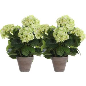 2x Groene hortensia kunstplanten 45 cm met grijze pot - Kunstplanten