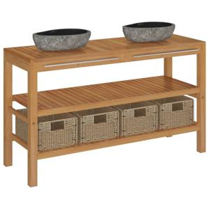 The Living Store Badkamermeubel Teakhout 132x45x75cm - 2 Rivierstenen Wastafels - 4 Zeegras Manden