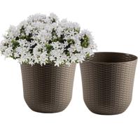 Bloempot/plantenpot - 2x - taupe - kunststof - D32 cm - gevlochten mand look - binnen/buiten gebruik