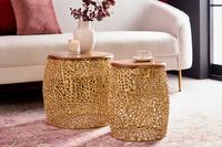 Set van 2 filigrane design salontafels ABSTRACT LEAF goud acaciahout handgemaakt metaal rond - 43225