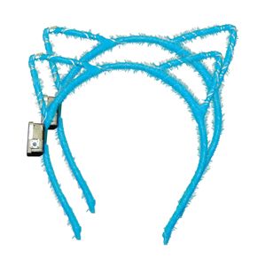 Verkleed/feest diadeem katten/poezen oren/oortjes - 2x - blauw - LED licht - carnaval