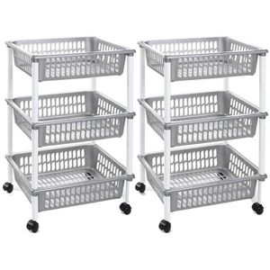 Set van 2x stuks zilveren opberg trolleys/roltafels met 3 manden 62 cm