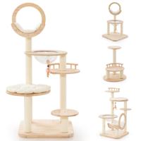 Transformeerbare Klimrek voor Katten Grote 4-In-1 Houten Krabpaal met Ruimtecapsule-Nest Sisalpaal Gewatteerd Platform