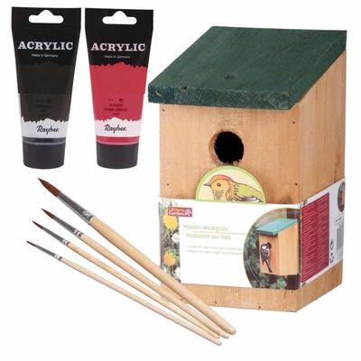 Houten vogelhuisje/nestkastje 22 cm - zwart/rood Dhz schilderen pakket