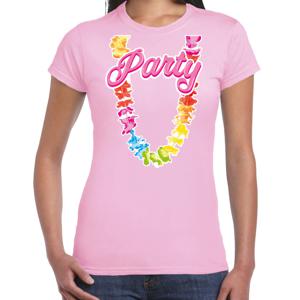 Tropical party T-shirt voor dames - bloemenkrans - licht roze - carnaval/themafeest