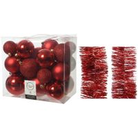 Kerstversiering kunststof kerstballen 6-8-10 cm met folieslingers pakket rood van 28x stuks - thumbnail