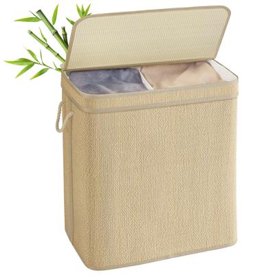 Bamboe wasmand met meerdere compartimenten en afneembare waszak, Natuurtint / 130 L (2 Vak)