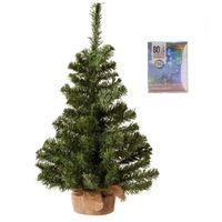 Volle kerstboom in jute zak 60 cm inclusief gekleurde kerstverlichting - Kunstkerstboom - thumbnail