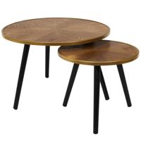 Bijzettafels/salontafels Tiny - set van 2x - hout - rond - bruin/zwart/goud - Koffietafels